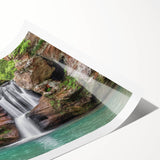 Stunning rolled canvas wall art showcasing a vibrant waterfall landscape design, featuring lush greenery and cascading water, ideal for home decor.