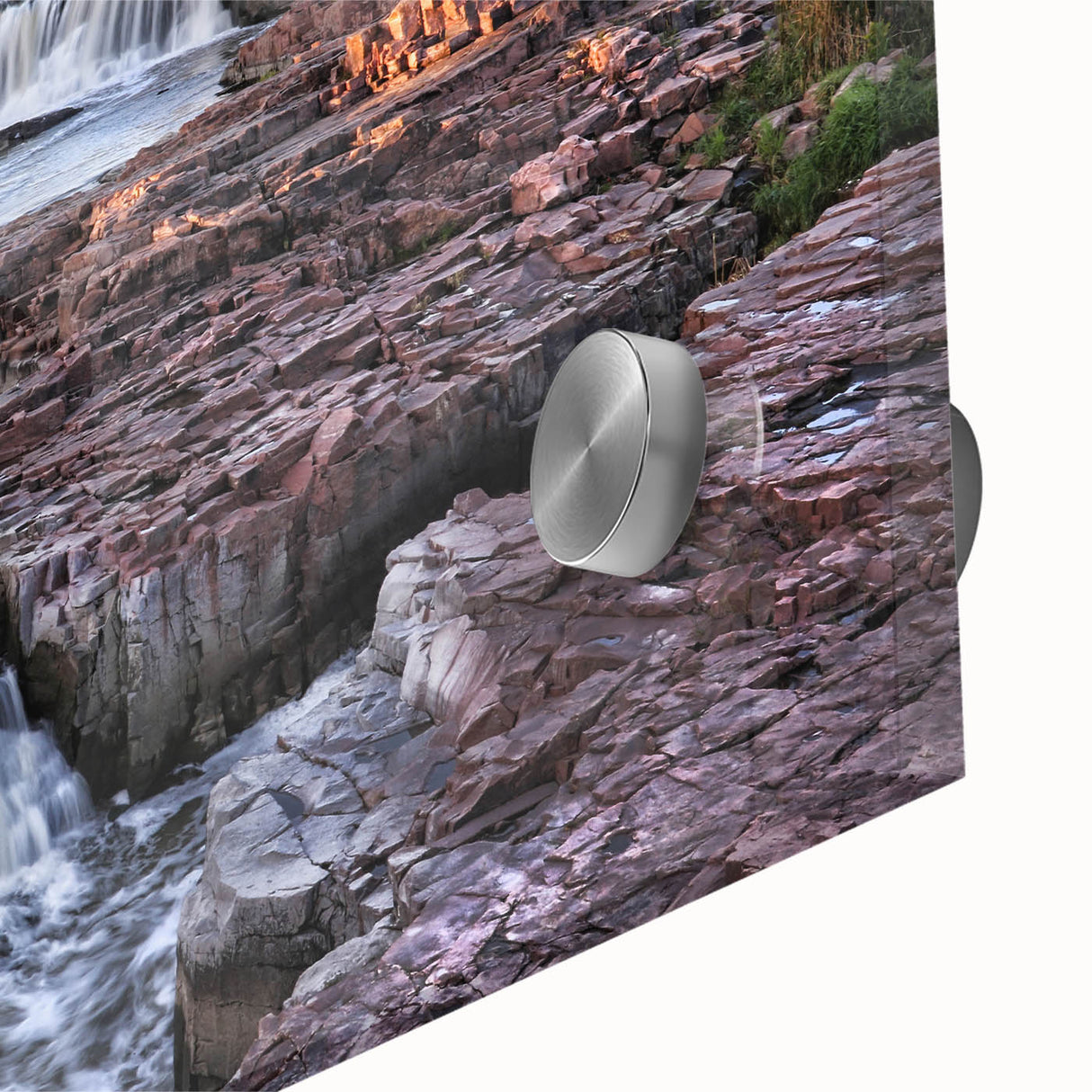 Close-up of a stunning acrylic glass wall art piece showcasing a vibrant waterfall landscape design, featuring rich blues and greens that evoke tranquility, perfect for home decor.