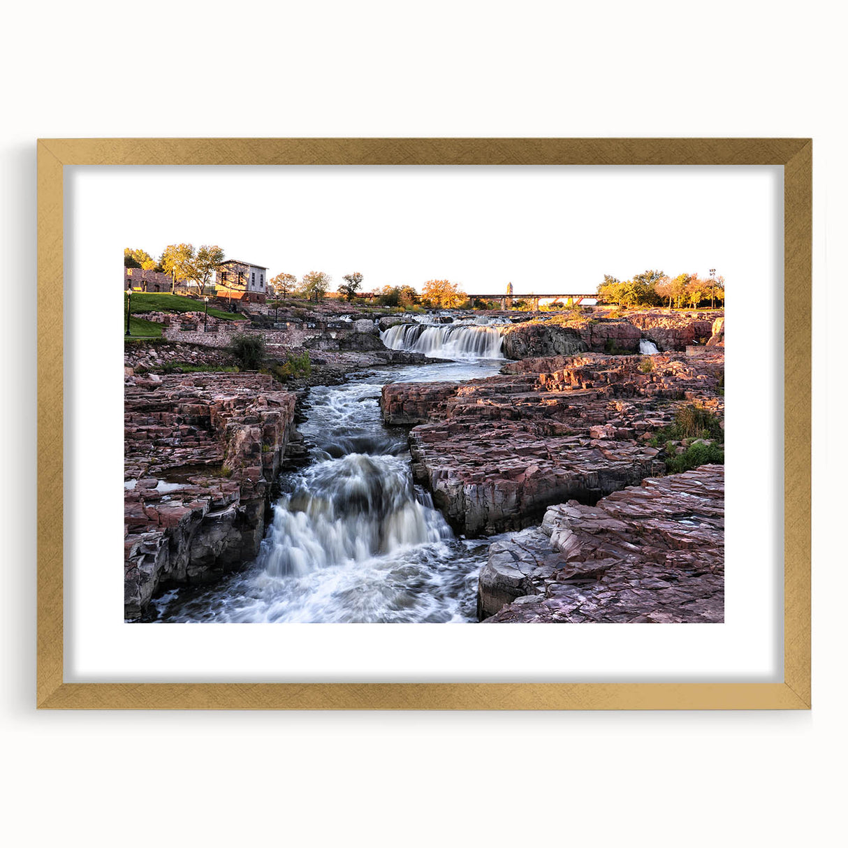 Elegant gold-framed wall art featuring a serene waterfall landscape design, showcasing vibrant colors and intricate details, perfect for enhancing any living space.