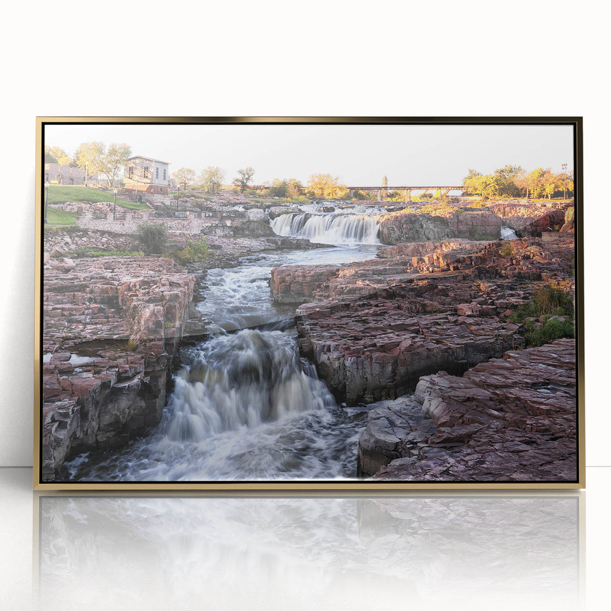 Framed wall art collection showcasing a vibrant waterfall landscape design with gold accents, perfect for enhancing home decor with a natural aesthetic.