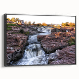Framed canvas wall art showcasing a breathtaking waterfall landscape design, featuring vibrant blues and greens, with a sleek black frame and side view perspective. Ideal for nature enthusiasts and home decor lovers, this piece adds a serene touch to any interior space.