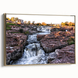 Framed canvas wall art collection showcasing a serene landscape with cascading waterfalls, set against a gold border, ideal for modern home decor.