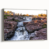 Framed canvas wall art showcasing a stunning waterfall landscape with vibrant colors, silver accents, and a sleek side view, perfect for home decor.