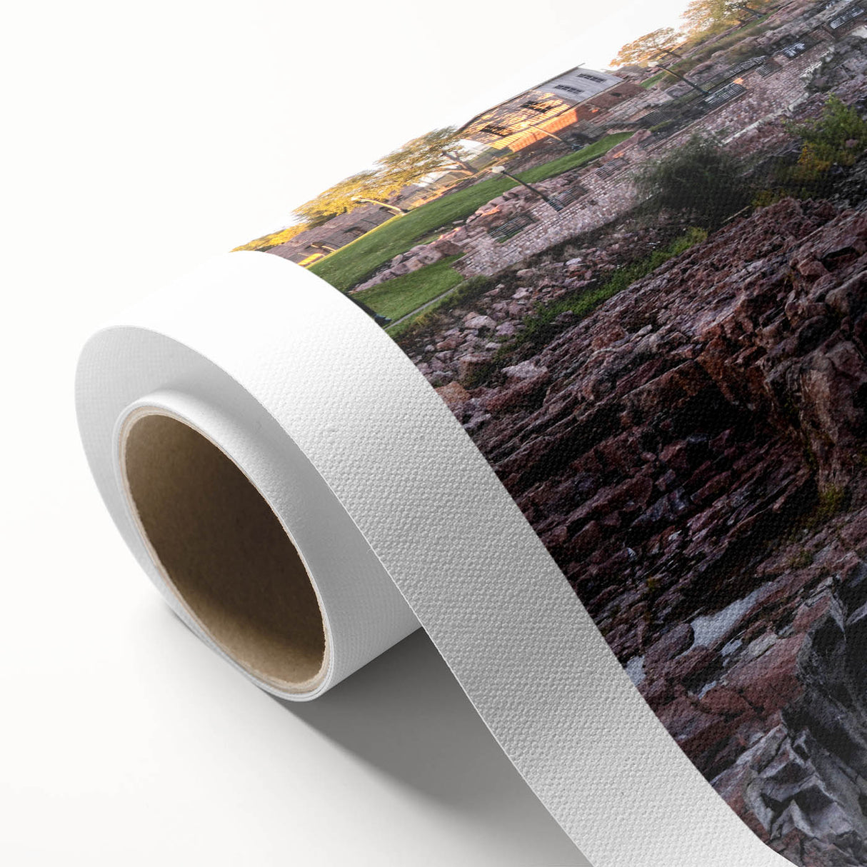 Vibrant rolled canvas wall art showcasing a stunning landscape waterfall design, featuring rich blue and green hues, perfect for home decor and nature enthusiasts.