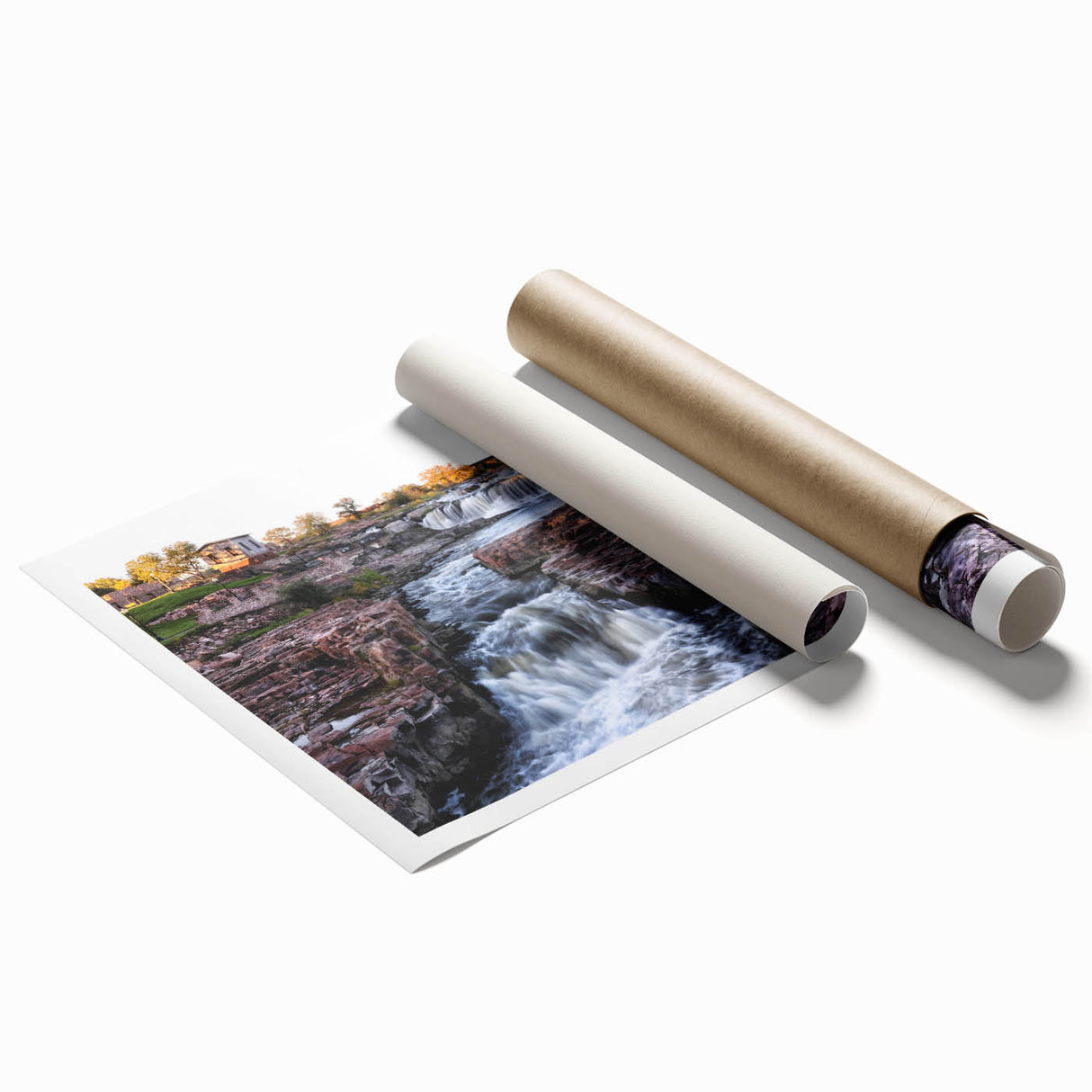 Stunning waterfall landscape wall art print showcasing vibrant colors and intricate details, perfect for home decor. Rolled and ready for framing.
