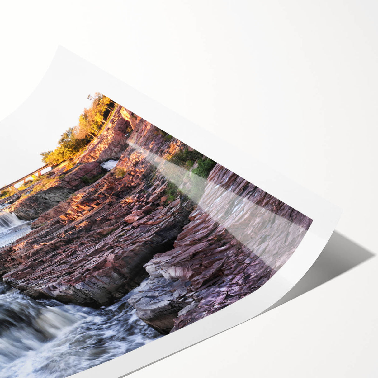 Vibrant landscape wall art print depicting a serene waterfall surrounded by lush greenery, perfect for home decor or gallery display, showcasing calming nature aesthetics.