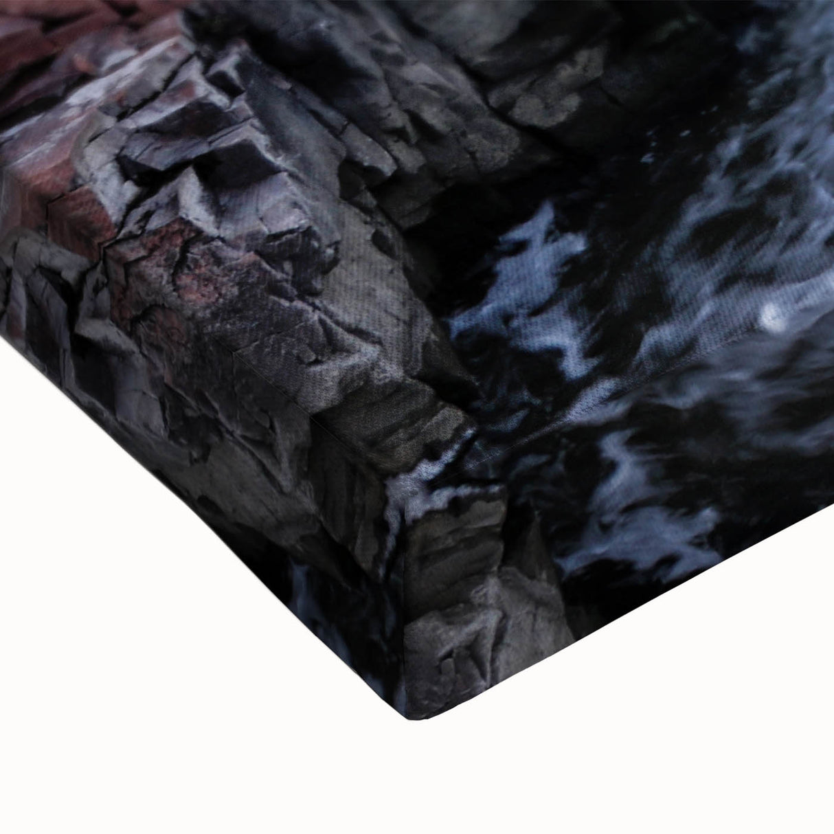 Close-up of a vibrant waterfall landscape wall art print on stretched canvas, showcasing rich blues and greens, ideal for enhancing living spaces and evoking tranquility.