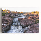 Stretched canvas wall art featuring a serene landscape with vibrant waterfalls and lush greenery, ideal for enhancing home decor and creating a tranquil atmosphere.