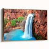 Framed canvas wall art showcasing a stunning waterfall landscape with vibrant colors, gold frame accents, perfect for enhancing home decor aesthetics.