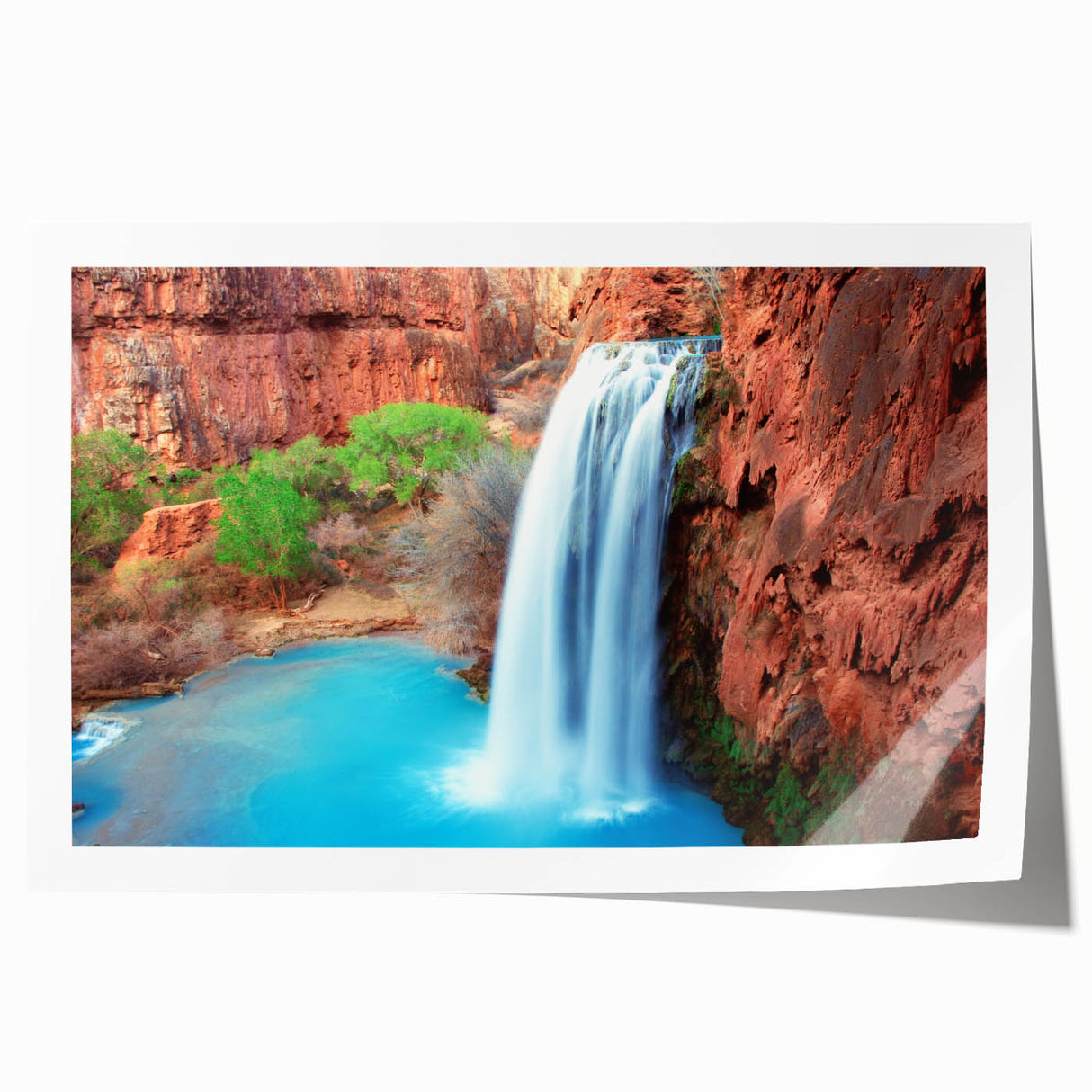 Vibrant rolled print showcasing a stunning waterfall landscape design, featuring lush greenery and cascading water, perfect for home decor or wall art collection.