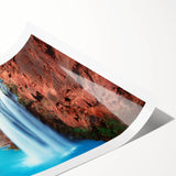 Vibrant rolled print showcasing a serene waterfall landscape design, featuring rich blues and greens, perfect for home decor or office ambiance. Wrapped securely in a durable cardboard tube for safe delivery.