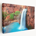 Stretched canvas artwork showcasing a serene waterfall landscape design, featuring vibrant blues and greens, ideal for enhancing home decor with nature's tranquility.