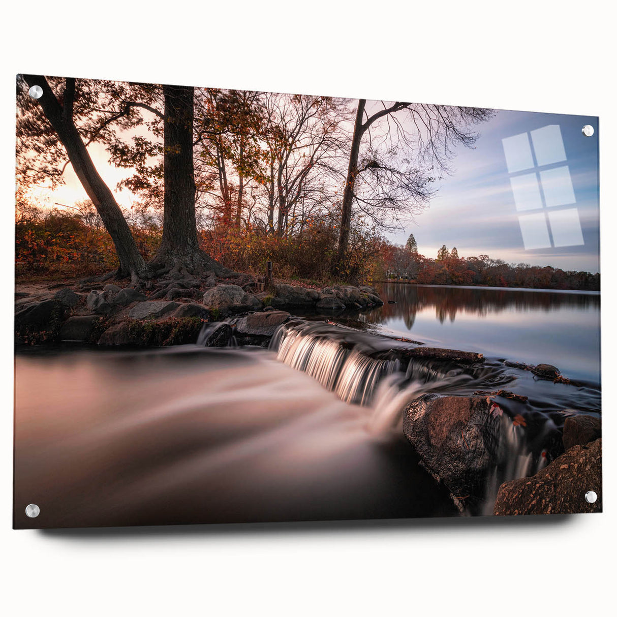 Acrylic glass wall art featuring a stunning landscape waterfall design, showcasing vibrant colors and intricate details, ideal for modern home decor.