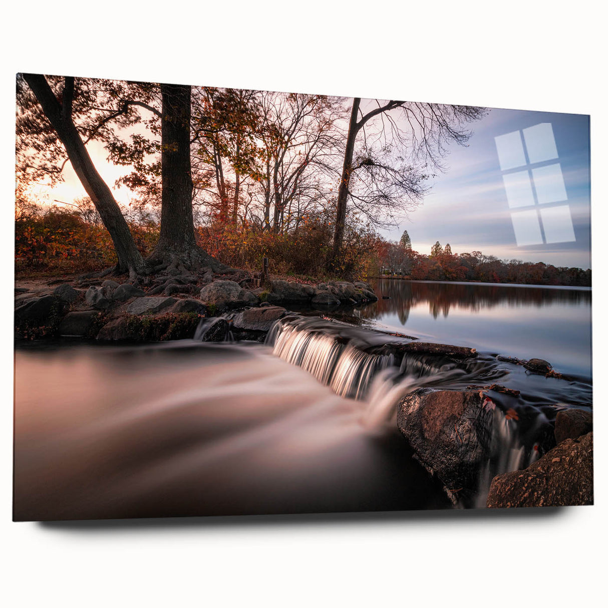 Acrylic glass wall art featuring a serene landscape with a cascading waterfall and lush greenery, showcased in a side view without pins, perfect for home decor.