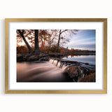 Framed gold wall art showcasing a vibrant landscape waterfall design, featuring a mat for added depth, ideal for enhancing home décor with a touch of nature.