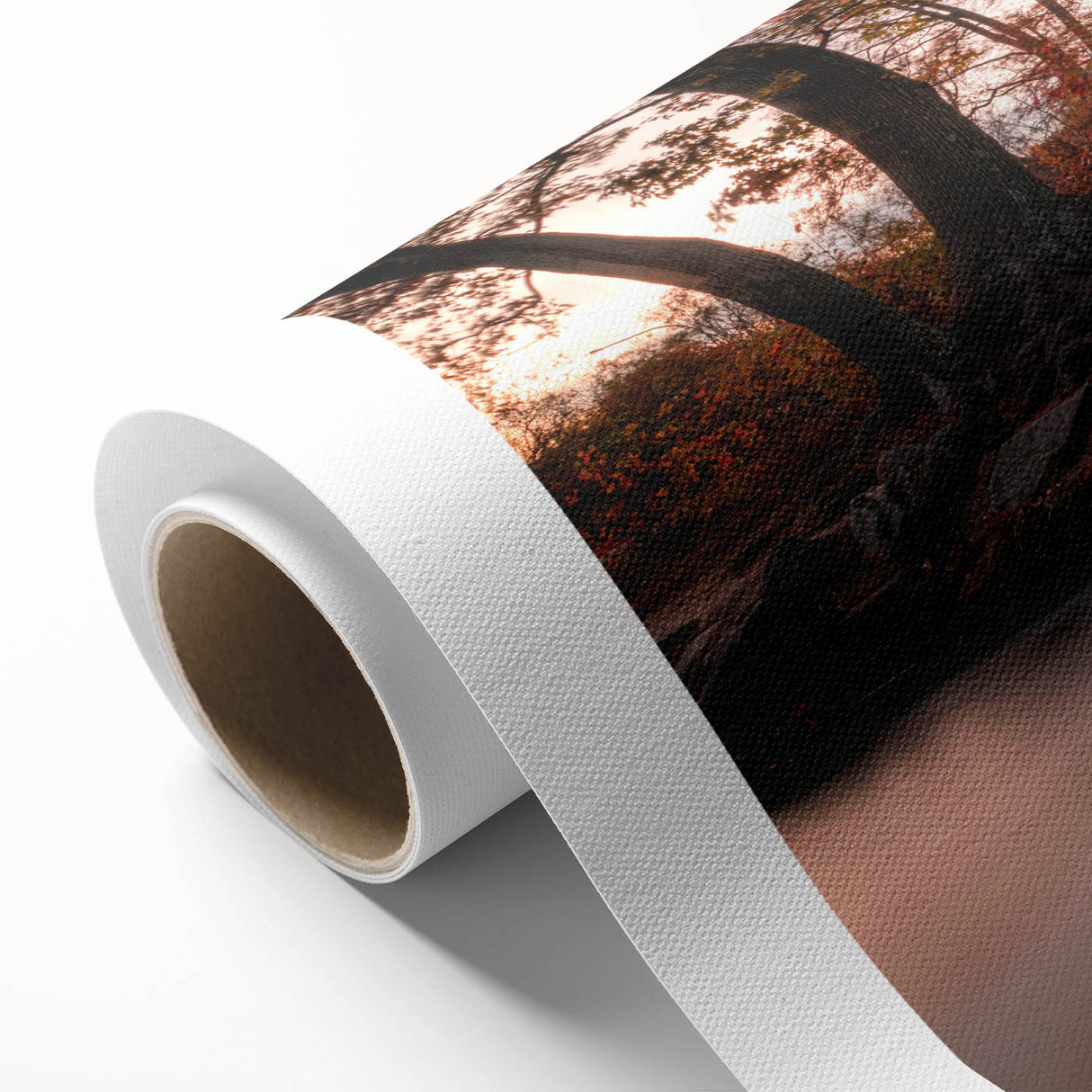 Rolled canvas artwork showcasing a serene waterfall landscape with vibrant greens and blues, ideal for home decor. Packaged securely in a cardboard tube for delivery.