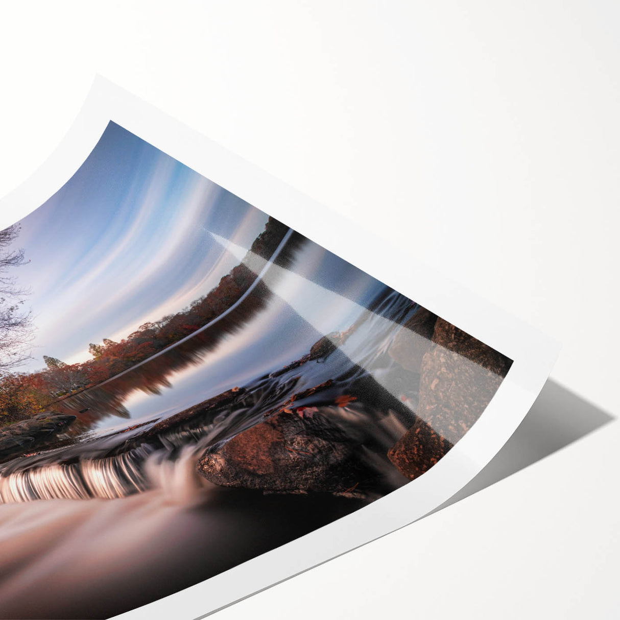 Serene waterfall landscape wall art print showcasing vibrant greens and blues, rolled and ready for framing, perfect for home decor or office spaces.