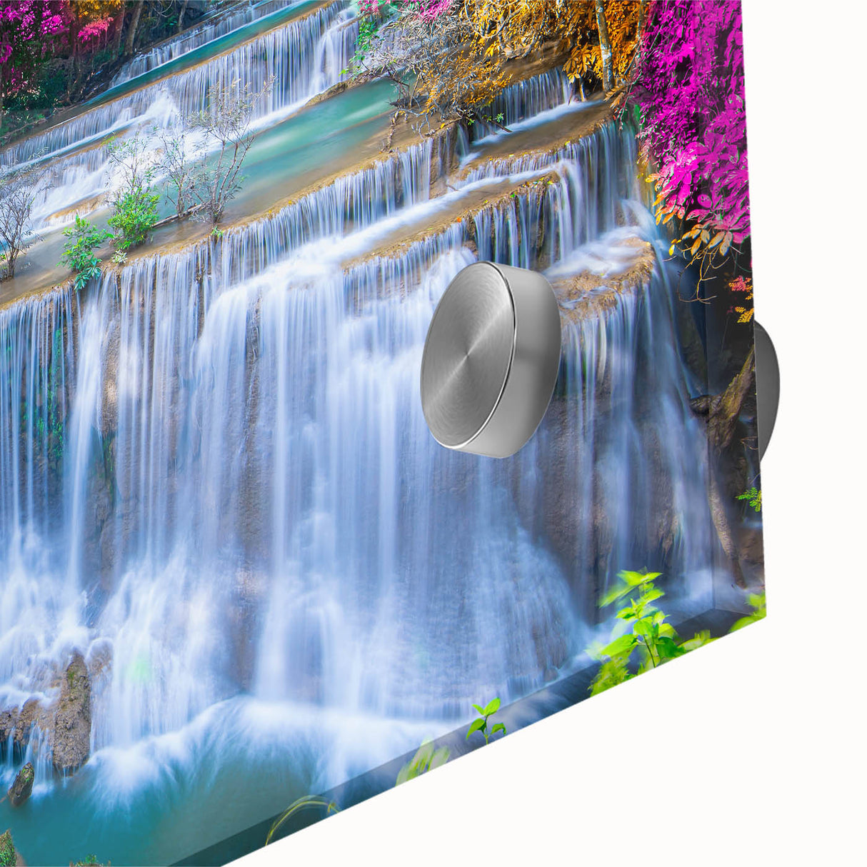 Close-up of a stunning acrylic glass art piece showcasing a vibrant waterfall landscape design, perfect for home decor, emphasizing natural beauty and tranquility.