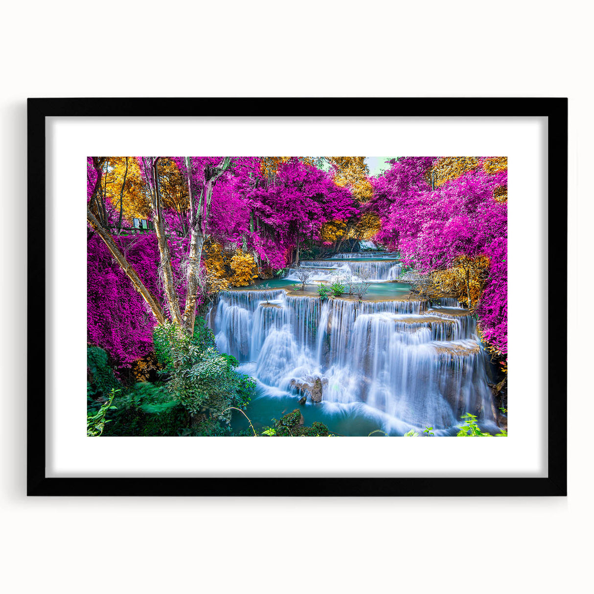 Framed wall art featuring a serene waterfall landscape design, presented in a stylish black frame with a mat, enhancing any home decor. Perfect for nature lovers.