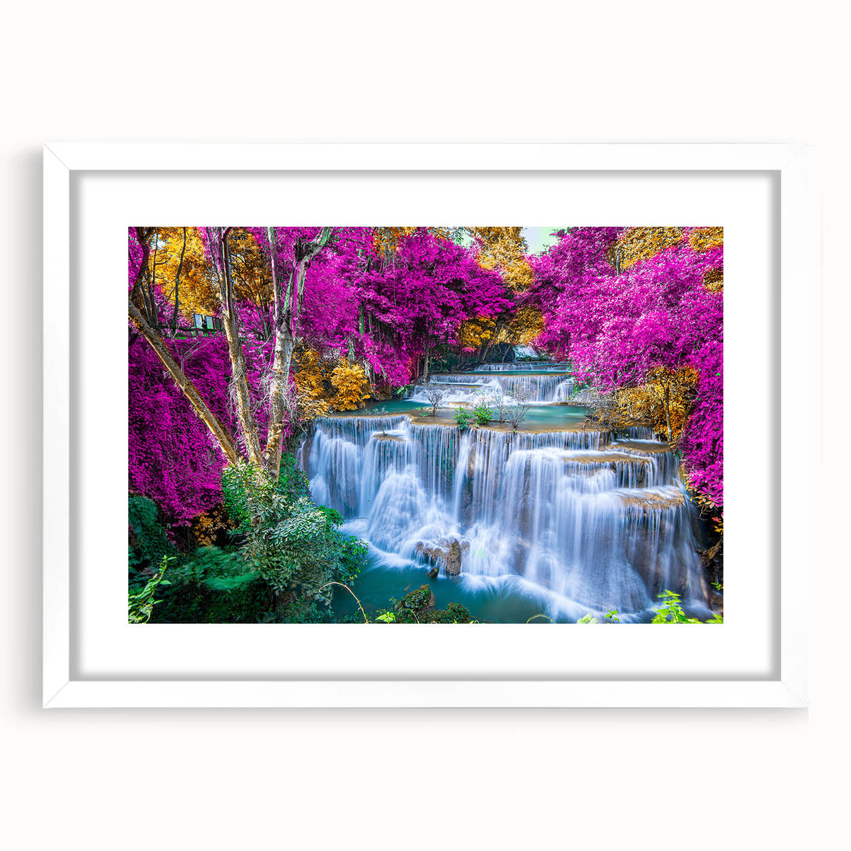 Framed wall art showcasing a serene waterfall landscape design, featuring vibrant blues and greens, set in a sleek white frame with a mat, perfect for home decor.