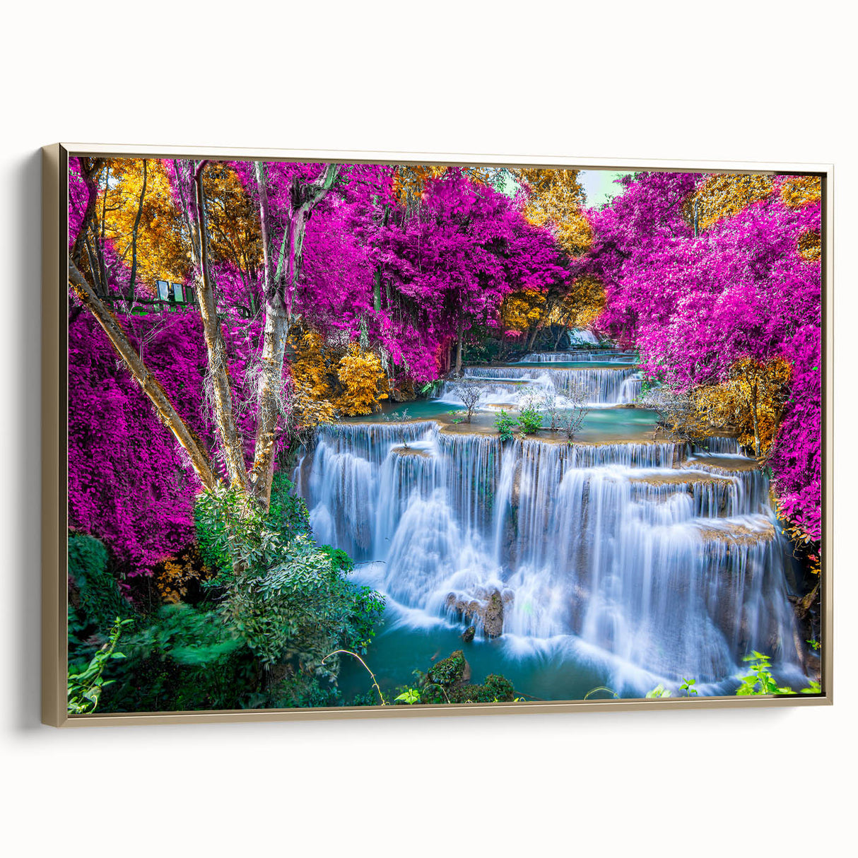 Framed canvas wall art showcasing a vibrant waterfall landscape design, featuring rich blue and green hues with gold accents, perfect for home decor.