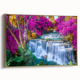 Framed canvas wall art showcasing a vibrant waterfall landscape design, featuring rich blue and green hues with gold accents, perfect for home decor.