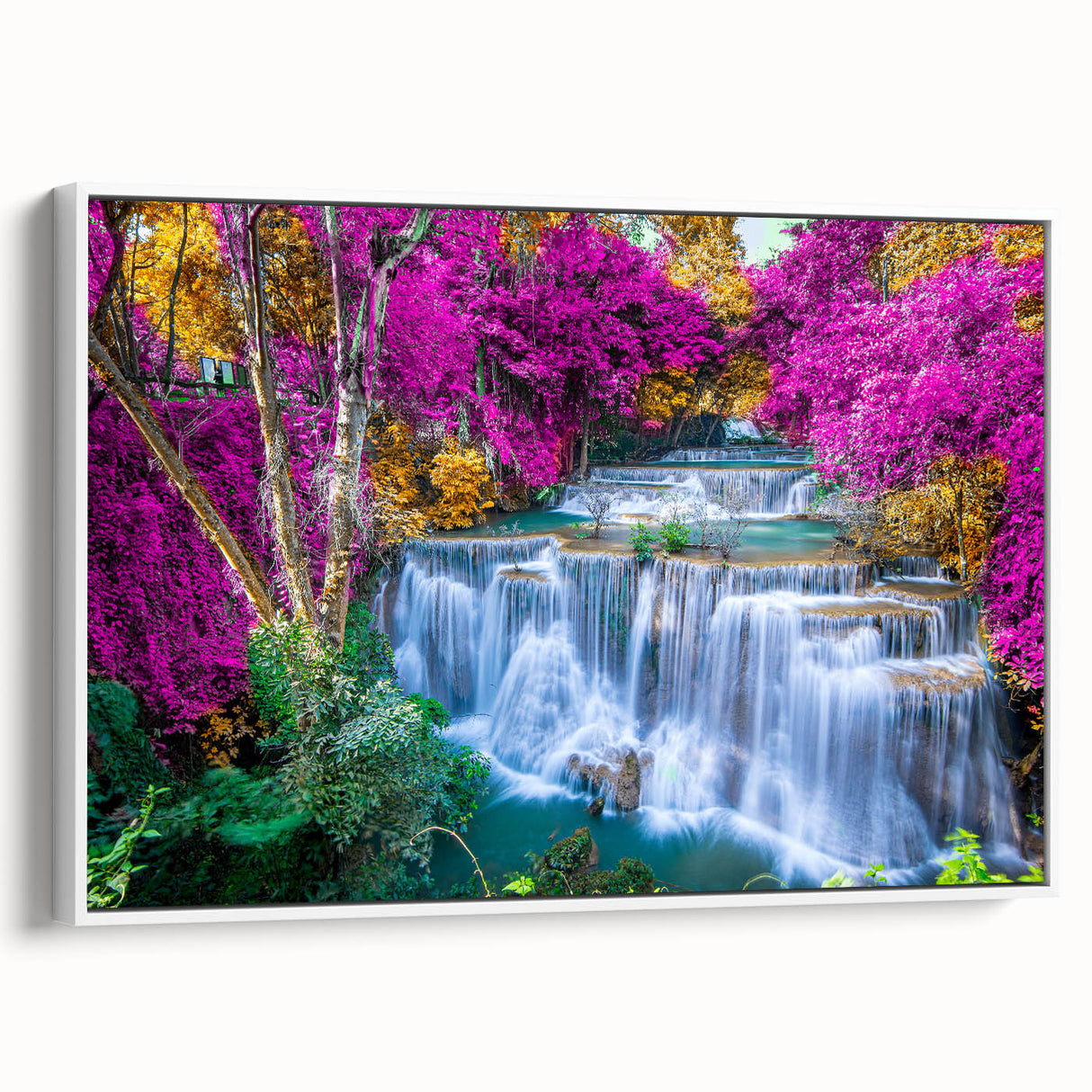 Framed canvas wall art featuring a stunning landscape waterfall design, showcasing vibrant colors and intricate details, perfect for enhancing any living space.