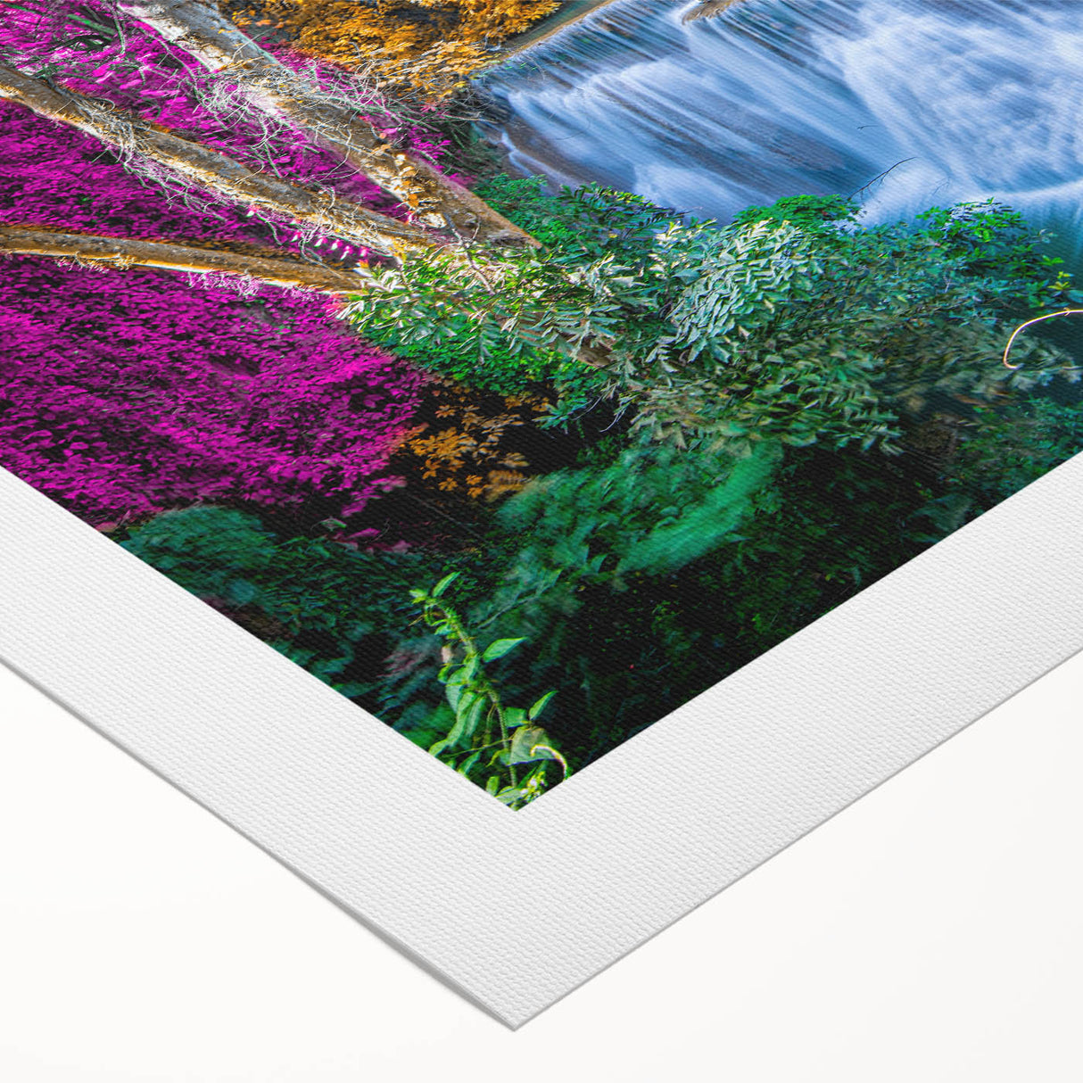 Vibrant rolled canvas artwork showcasing a stunning waterfall landscape design, featuring rich blues and greens, ideal for enhancing home decor aesthetics.