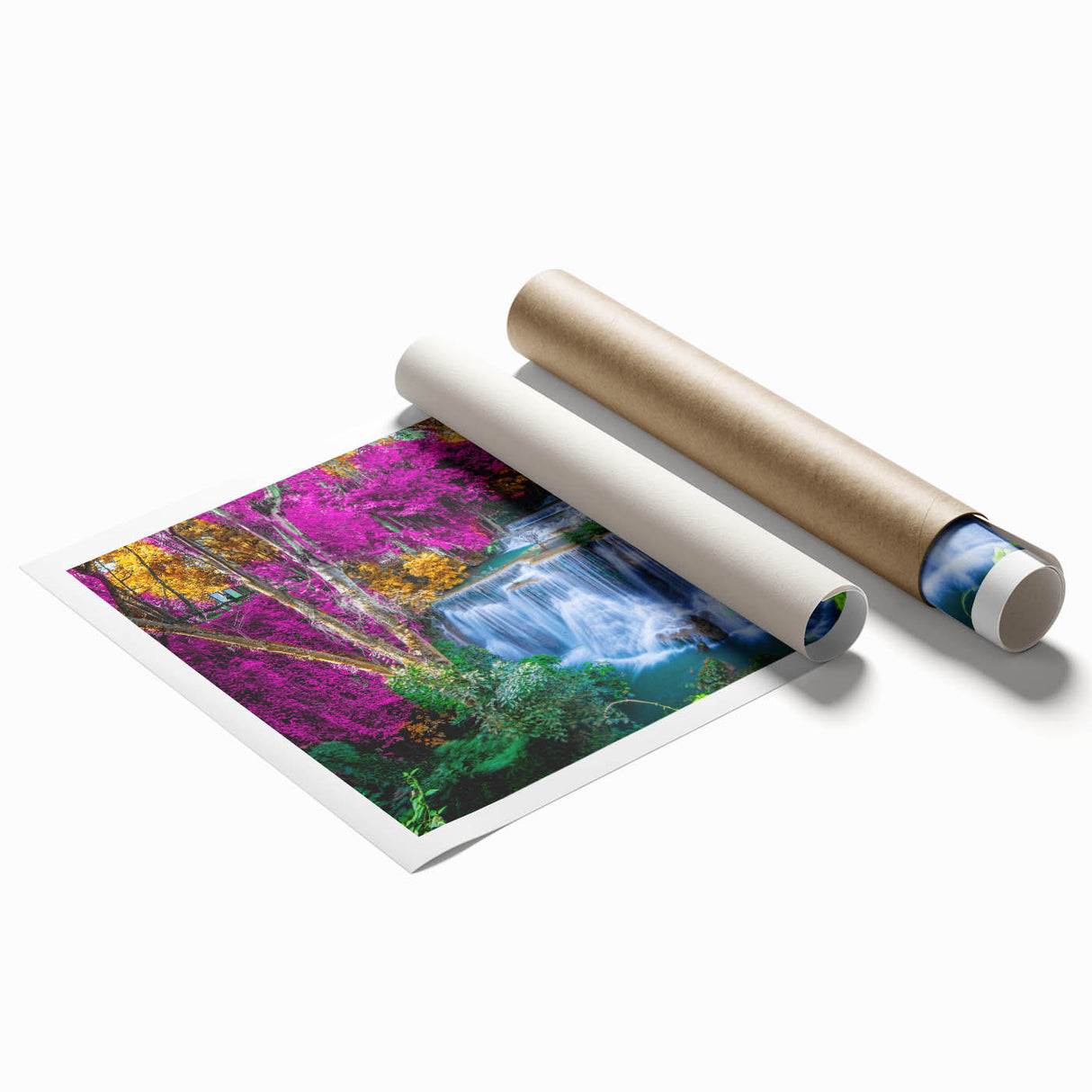 Vibrant rolled print of a serene waterfall landscape, showcasing lush greenery and cascading water, perfect for home decor and nature enthusiasts.