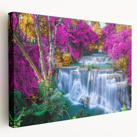 Stretched canvas showcasing a vibrant landscape waterfall design, highlighting intricate details and vivid colors, perfect for home decor enhancement.