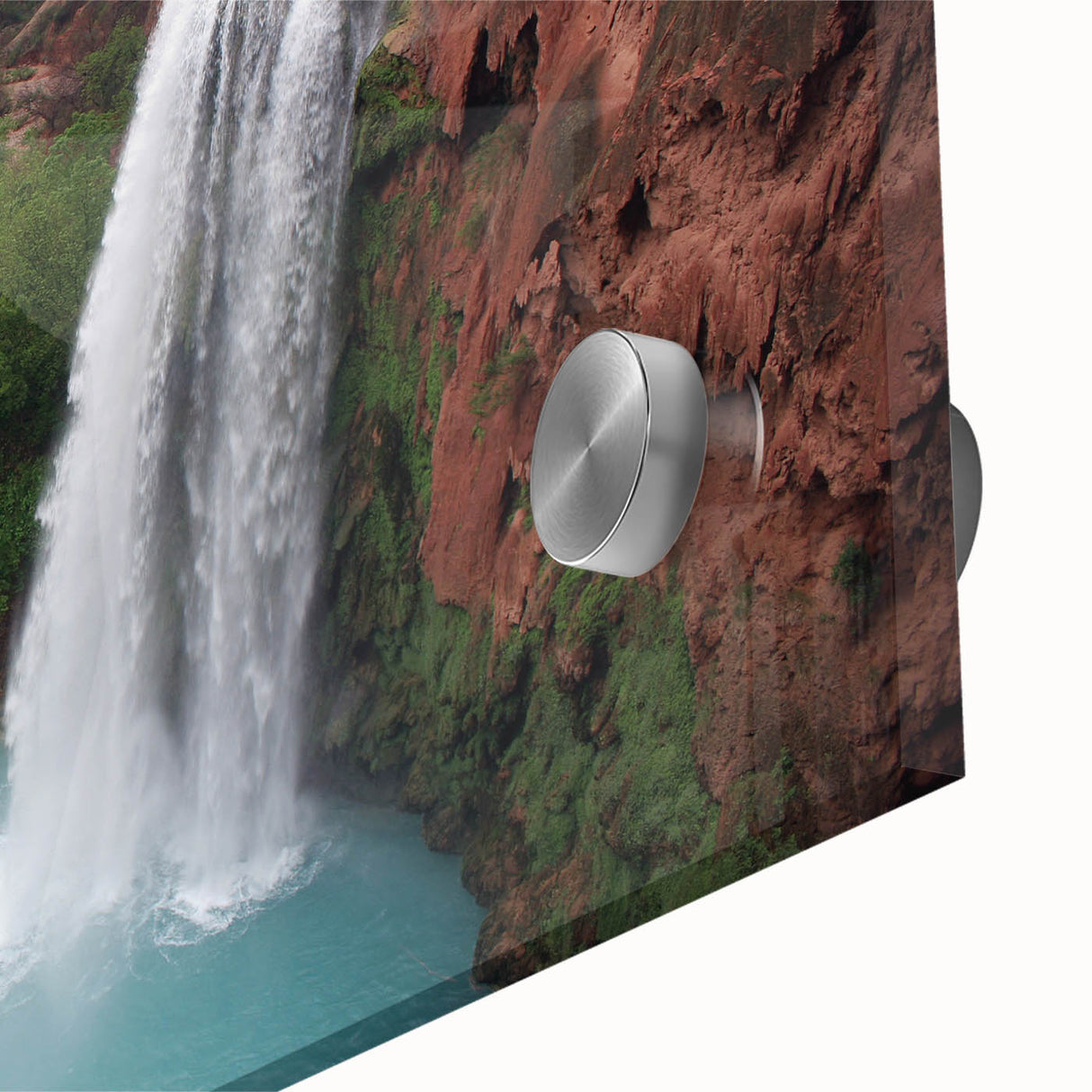 Close-up of a vibrant acrylic wall art piece showcasing a cascading waterfall surrounded by lush greenery, perfect for enhancing any modern decor. This detailed landscape design captures the serene beauty of nature, ideal for home or office spaces.