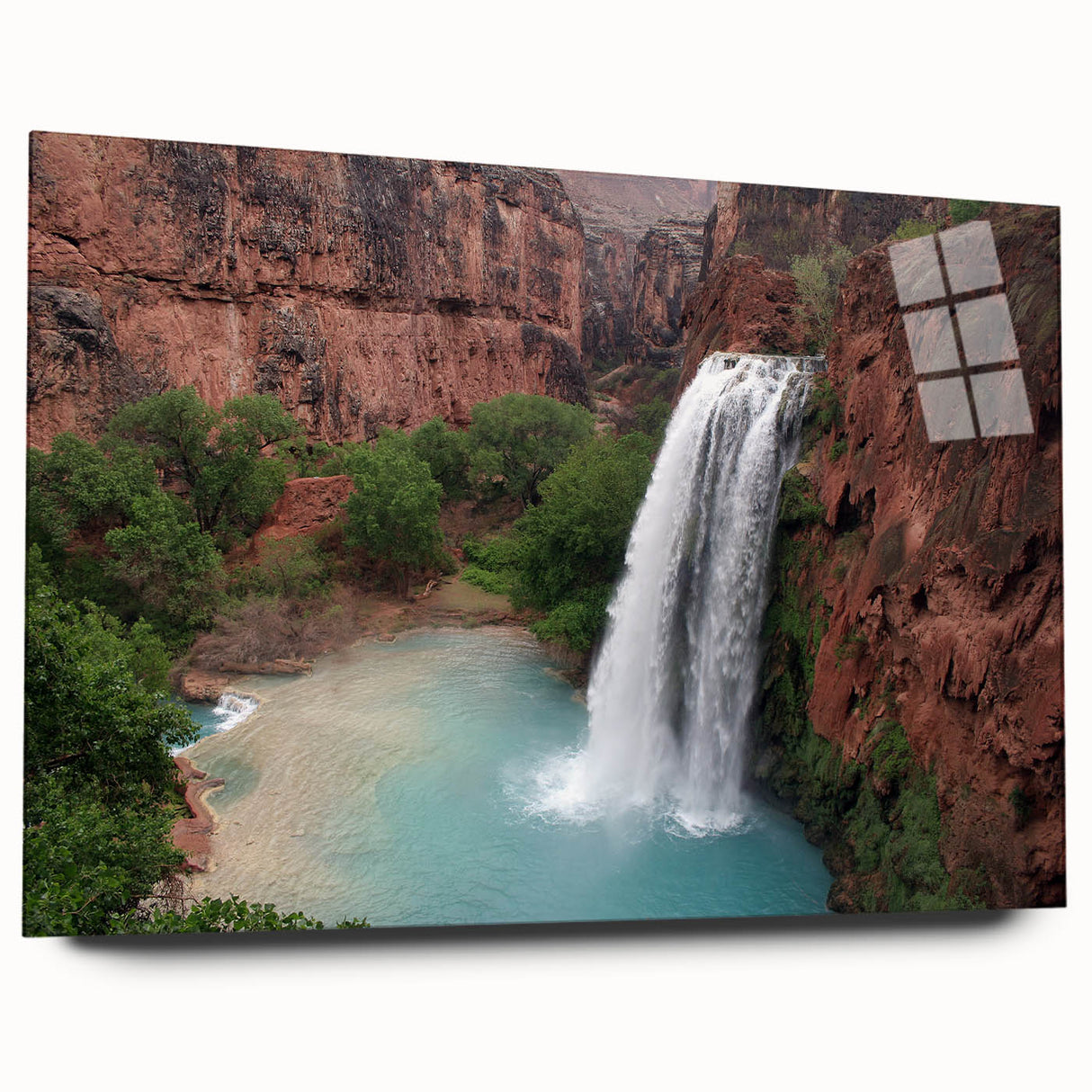 Acrylic wall art showcasing a stunning waterfall landscape, featuring vibrant blues and greens, elegantly displayed from the side view without visible pins, perfect for modern home decor.