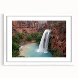 Framed wall art collection showcasing a serene waterfall landscape, featuring vibrant colors and intricate details, set in a white mat for a modern aesthetic. Perfect for enhancing home decor.