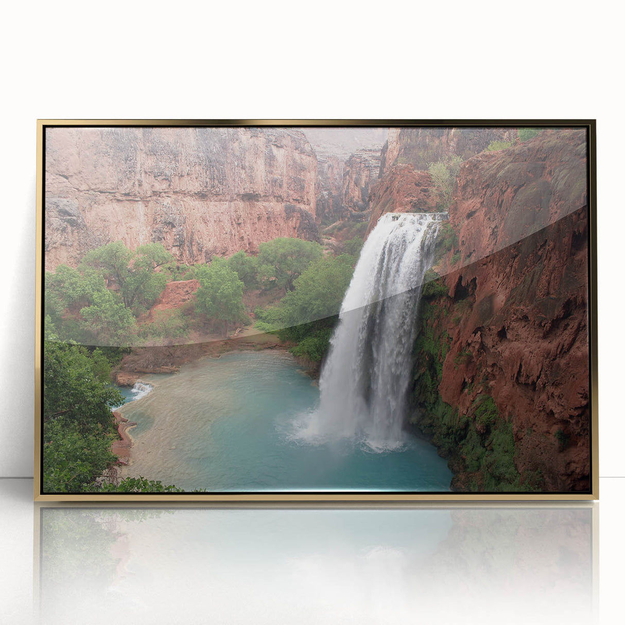 Framed acrylic wall art showcasing a stunning landscape of cascading waterfalls, embellished with gold accents, perfect for home decor.