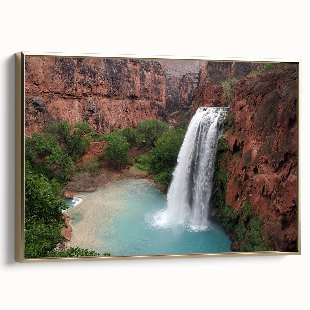 Framed canvas wall art showcasing a stunning waterfall landscape design with vibrant colors and a gold frame, perfect for enhancing interior decor.
