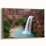 Framed canvas wall art showcasing a stunning waterfall landscape design with vibrant colors and a gold frame, perfect for enhancing interior decor.