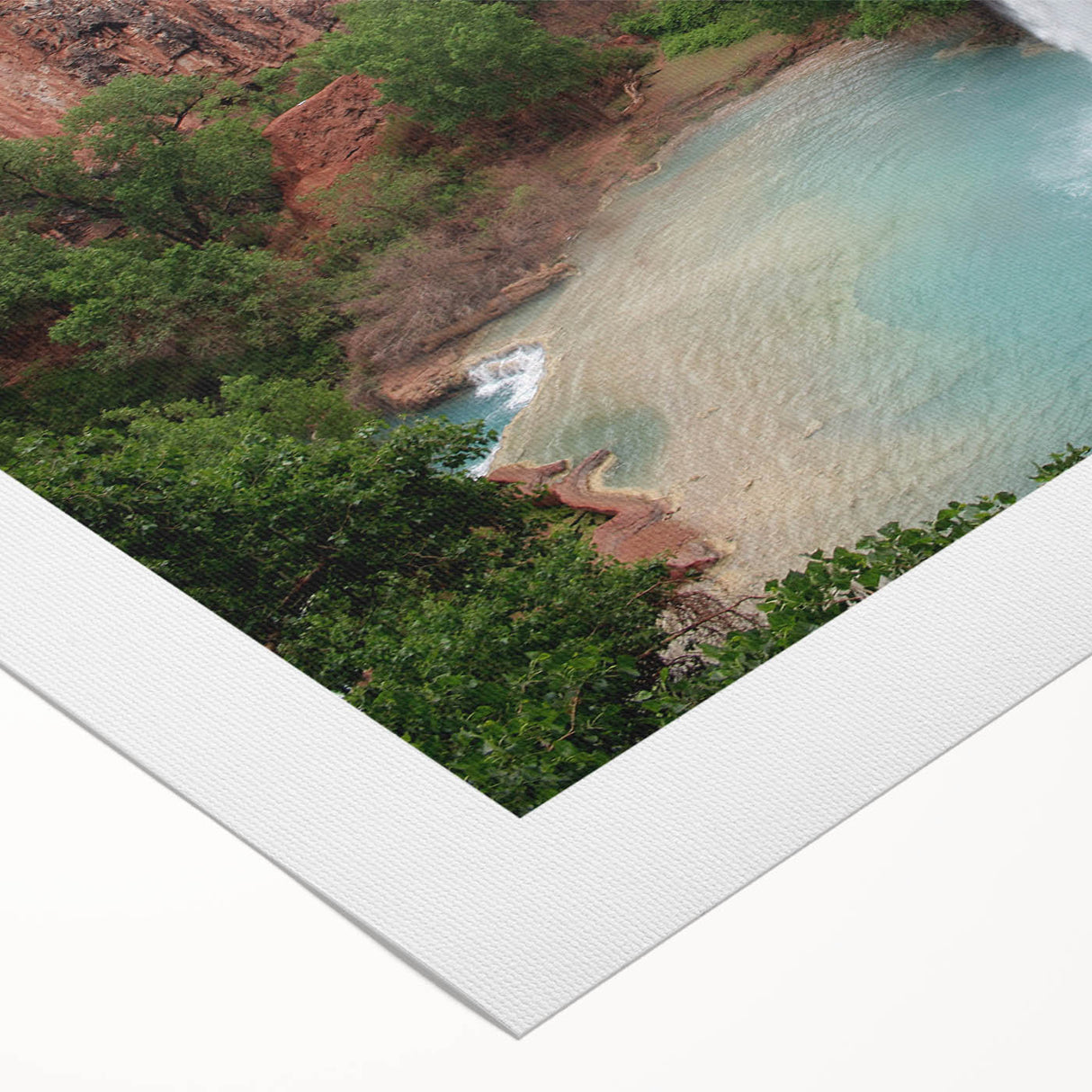 Rolled canvas wall art depicting a vibrant landscape waterfall scene, showcasing lush greenery and cascading water, ideal for home decor.