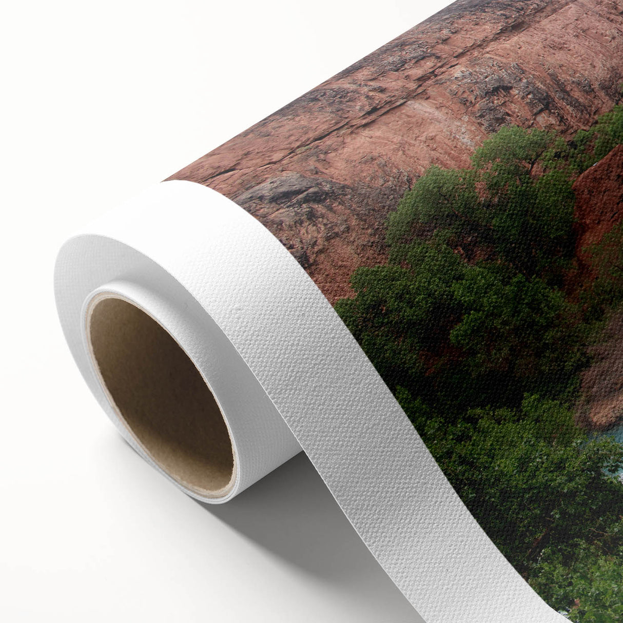 Stunning rolled canvas artwork showcasing a serene waterfall landscape, rich in vibrant blues and greens, perfect for home decor. Ideal for nature lovers.