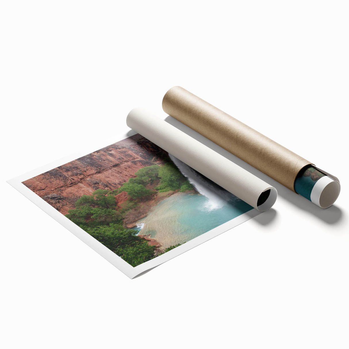 Vibrant landscape wall art print showcasing a serene waterfall surrounded by lush greenery, designed for home decor. High-quality rolled canvas suitable for framing.