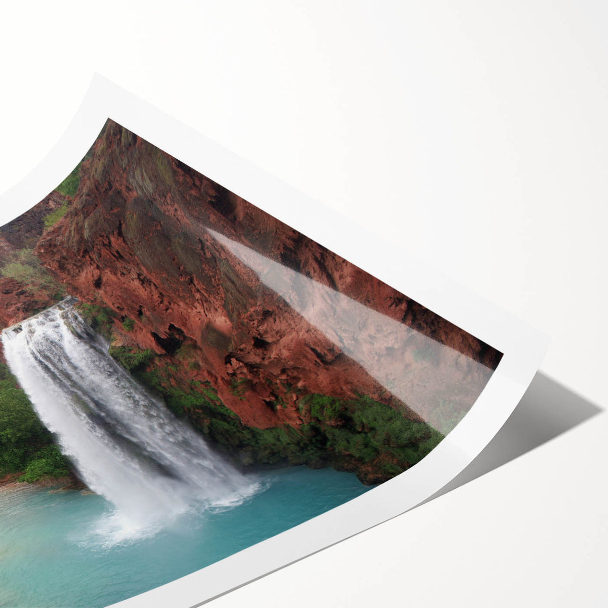 Vibrant landscape wall art featuring a cascading waterfall surrounded by lush greenery, ideal for home decor. Rolled print enhances any interior space with natural beauty.