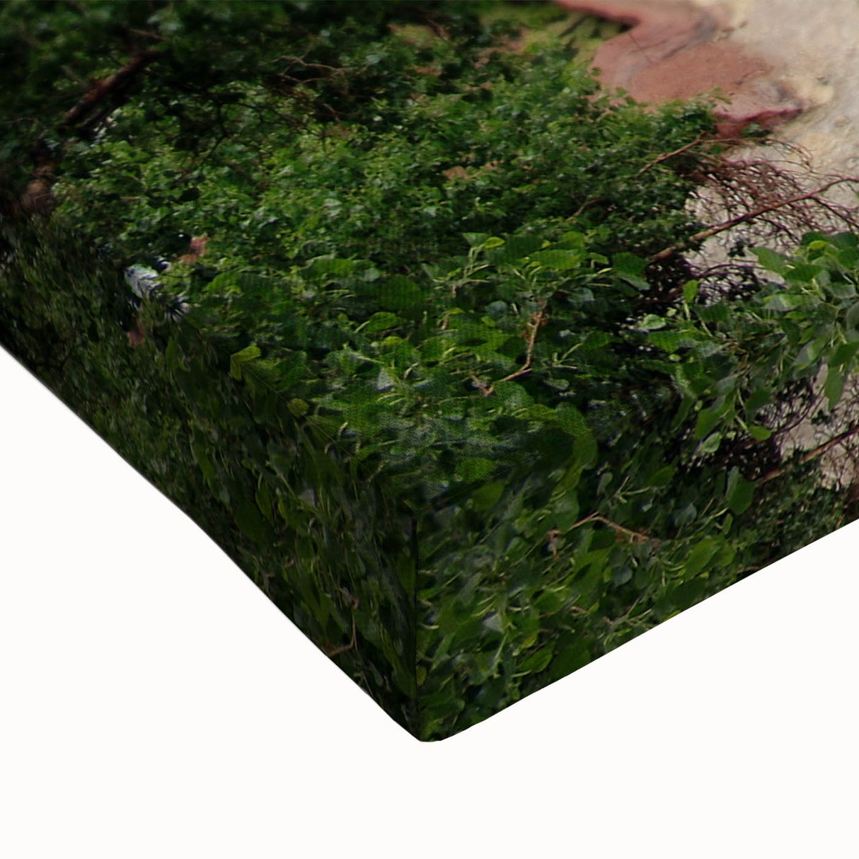 Close-up of a stretched canvas featuring a vibrant landscape waterfall design, highlighting the intricate details and colors that enhance home decor. Perfect for nature-themed interiors, this wall art adds a serene touch to any space.