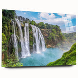 Acrylic wall art collection showcasing a vibrant landscape waterfall design, viewed from the side, displaying its sleek finish and modern aesthetic, ideal for home decor.