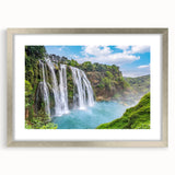 Framed wall art collection showcasing a serene waterfall landscape design with a silver mat, perfect for enhancing home decor and creating a tranquil atmosphere.