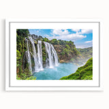 Framed wall art collection showcasing a serene waterfall landscape design, featuring a white mat and elegant frame, perfect for home decor or office ambiance.