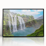 Framed acrylic wall art showcasing a stunning landscape waterfall design, featuring vibrant colors and a sleek black frame, perfect for modern home decor.