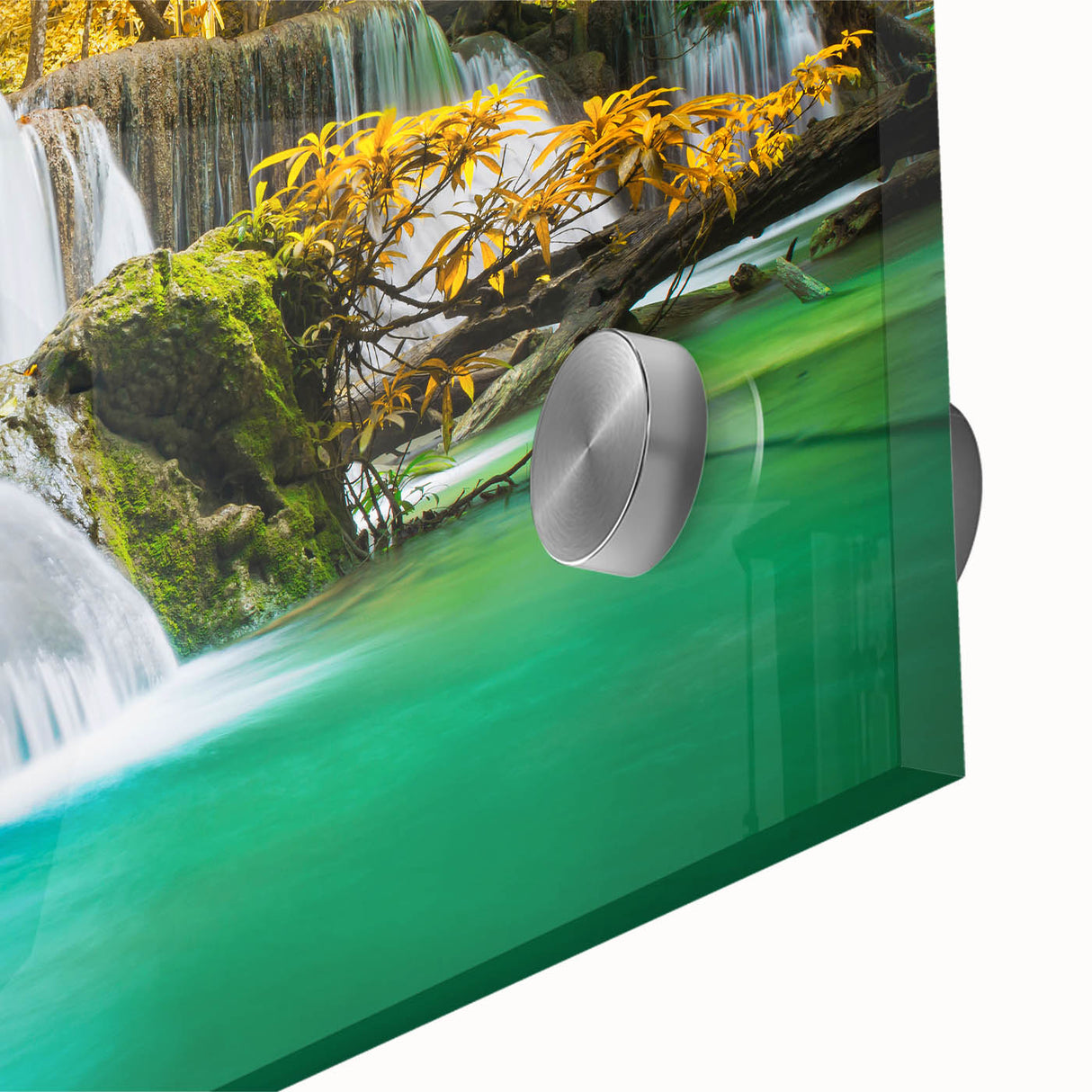 Close-up of a vibrant waterfall landscape wall art piece, showcasing cascading water and lush greenery, designed with acrylic glass for an elegant finish. Ideal for enhancing home decor with a nature-inspired aesthetic.