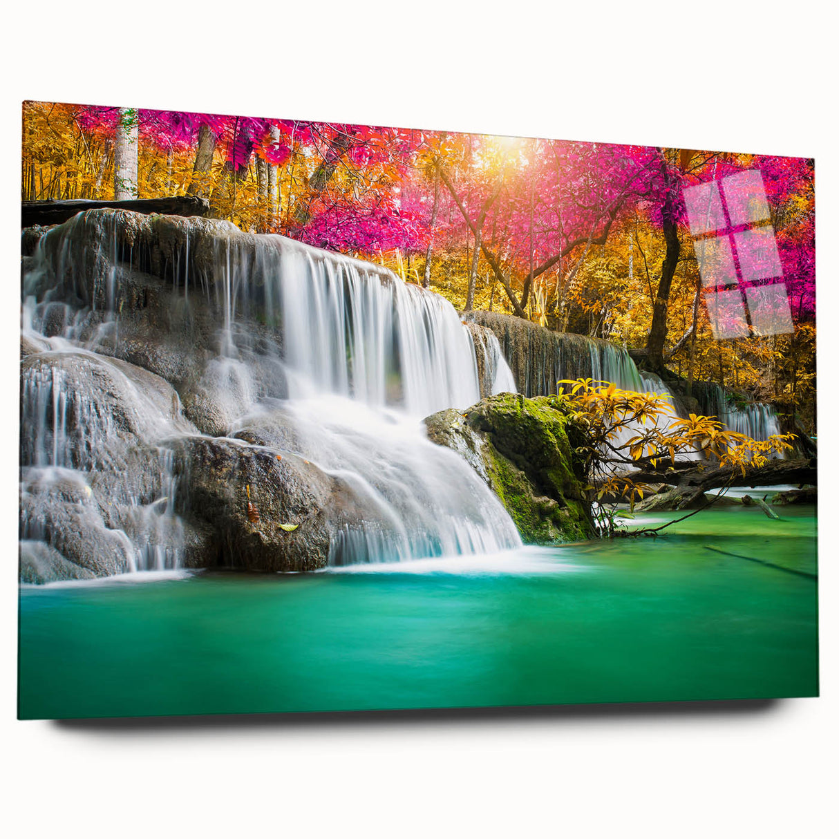Acrylic glass wall art collection showcasing a serene waterfall landscape design, featuring vibrant colors and intricate details, ideal for home decor.