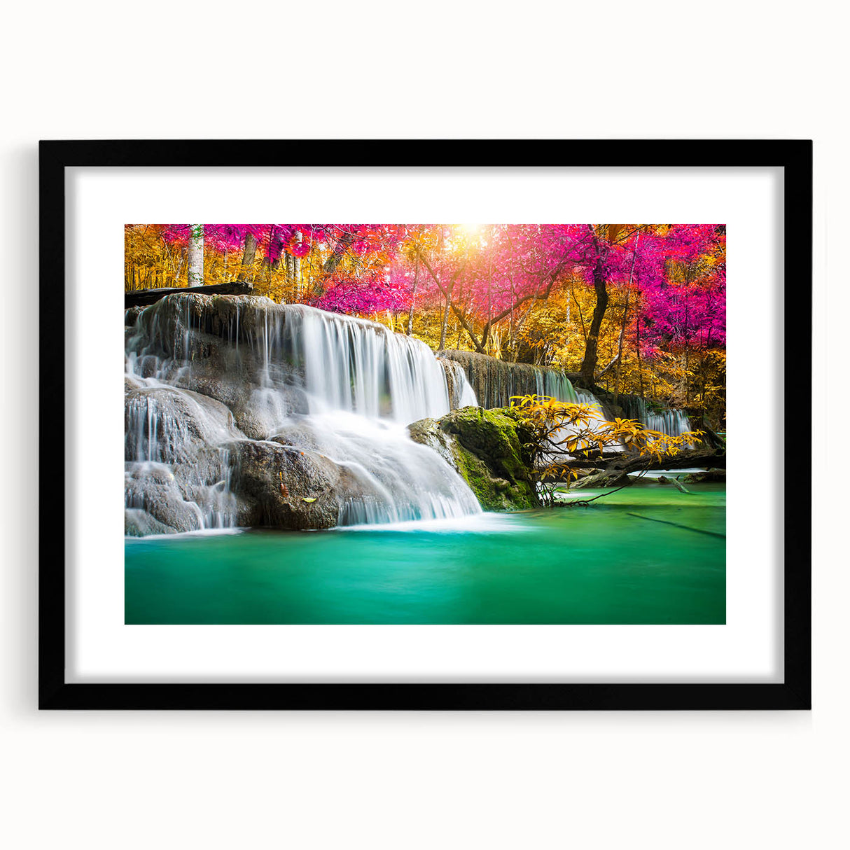 Framed wall art collection showcasing a stunning waterfall landscape design with a black mat and sleek frame, perfect for enhancing home decor.