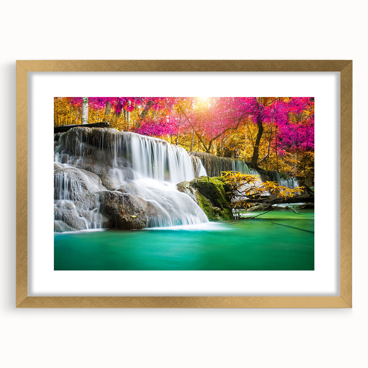 Framed wall art collection showcasing a vibrant waterfall landscape design with a gold mat, perfect for enhancing home decor and creating a serene atmosphere.