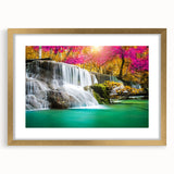 Framed wall art collection showcasing a vibrant waterfall landscape design with a gold mat, perfect for enhancing home decor and creating a serene atmosphere.